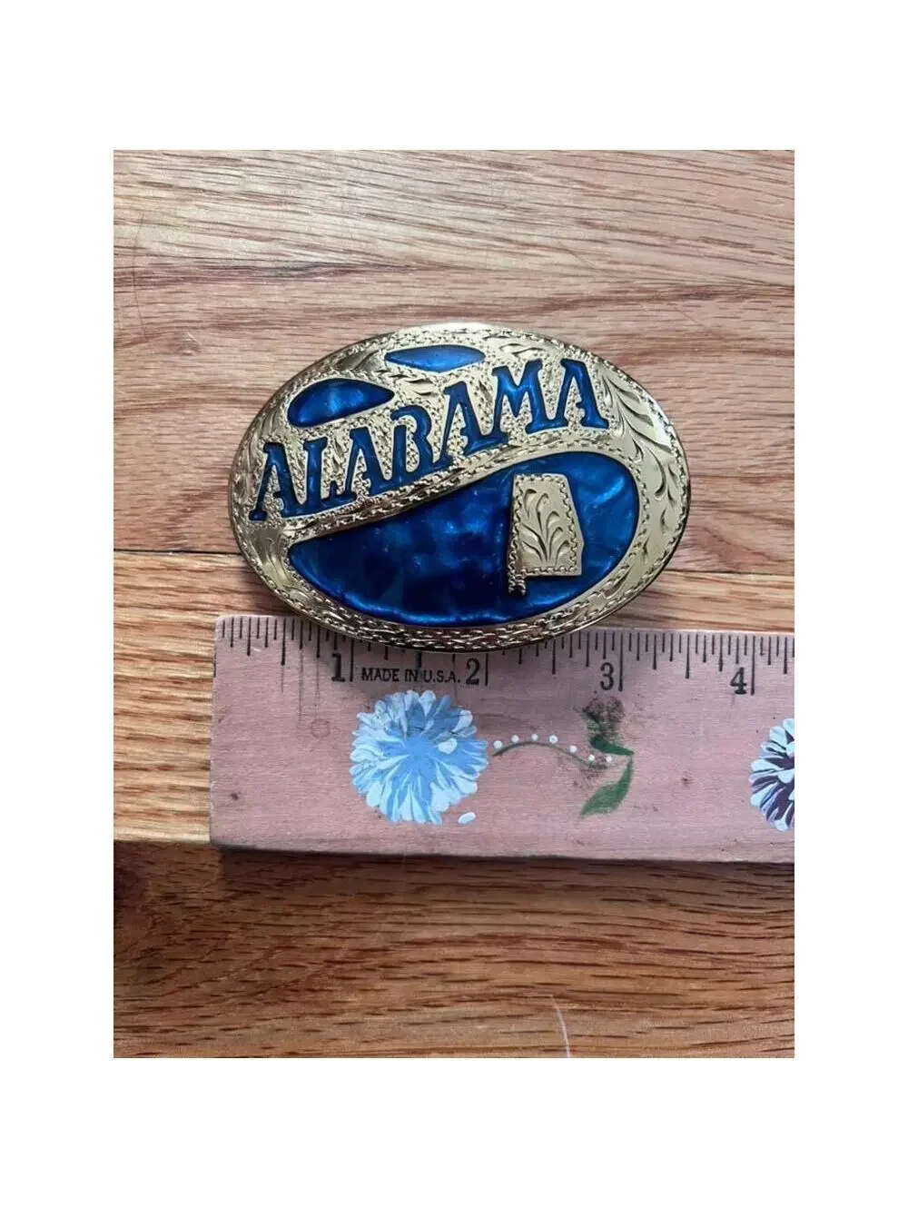 Vintage Award Design Metals Alabama Belt Buckle, Gold Tone Blue Inlay, USA Made